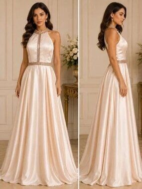 Jolene Champagne Embellished Halter Cut Out Back Gown